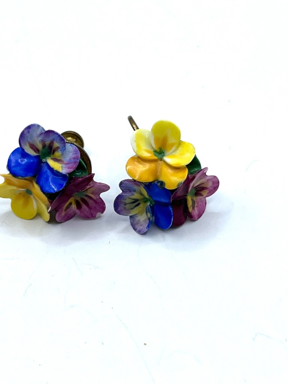 Vintage Pansy Flowers Bone China Made in England Screw on Earrings Colorful